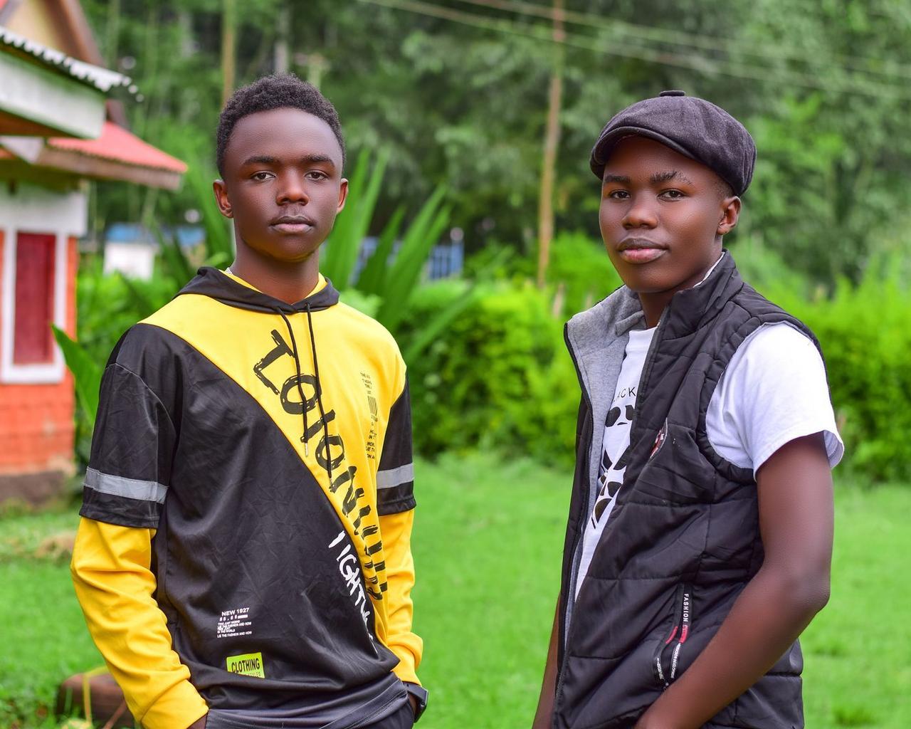 Two teenage boys standing outdoors in a green neighbourhood
